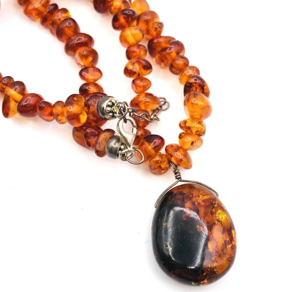Vintage Baltic Amber Bead Necklace Sterling Silver 925 Oval Pendant Necklace - Picture 9 of 9